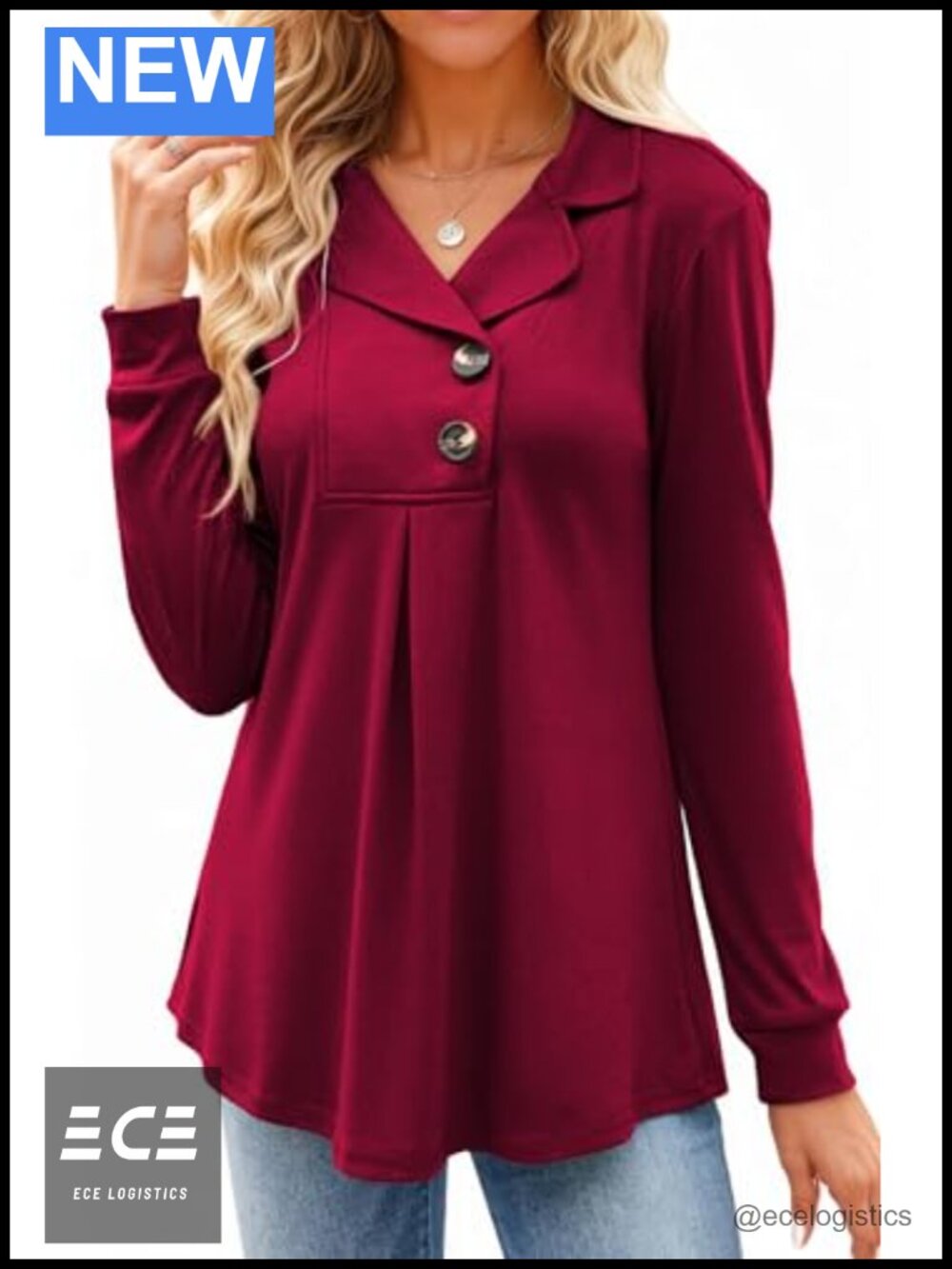 Womens Long Sleeve Tunic Sweatshirt Button Notch Collar Pullover